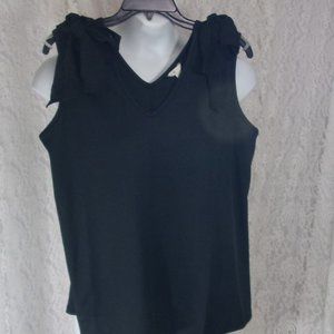Cato Sexy Black Knit Top Blouse Chiffon Bows on Shoulder  NWT